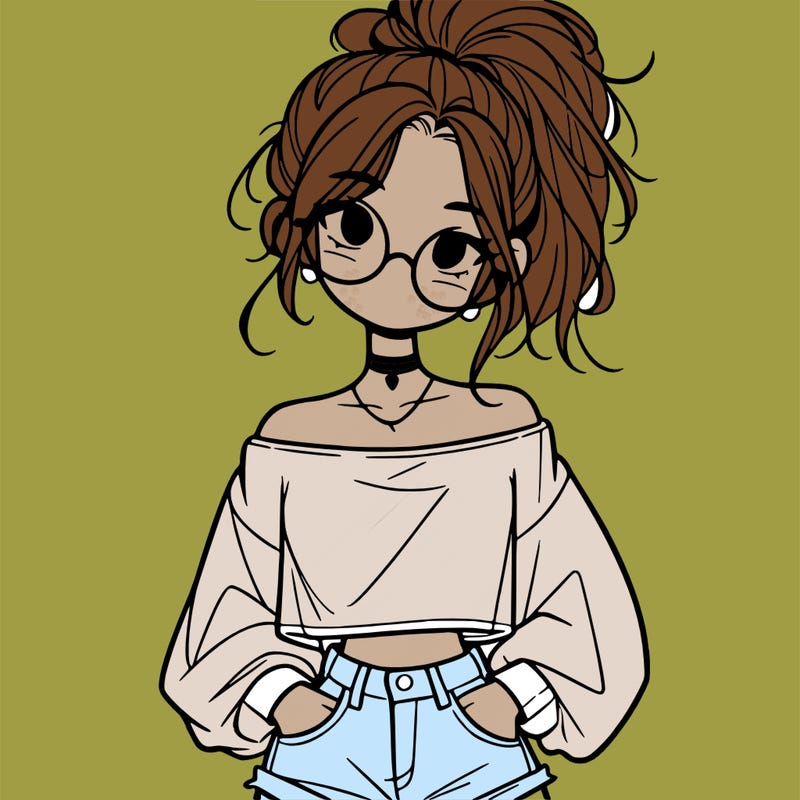 girl with a messy ponytail glasses a baggy crop top and jean shorts