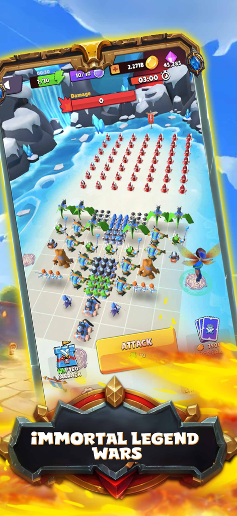 Tactical gameplay of Tiny Legends RPG War Game showing troop deployment and hero units on a battle grid
