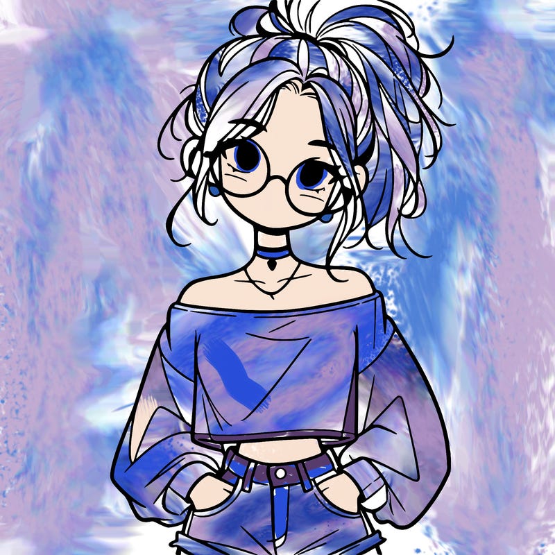 girl with a messy ponytail glasses a baggy crop top and jean shorts