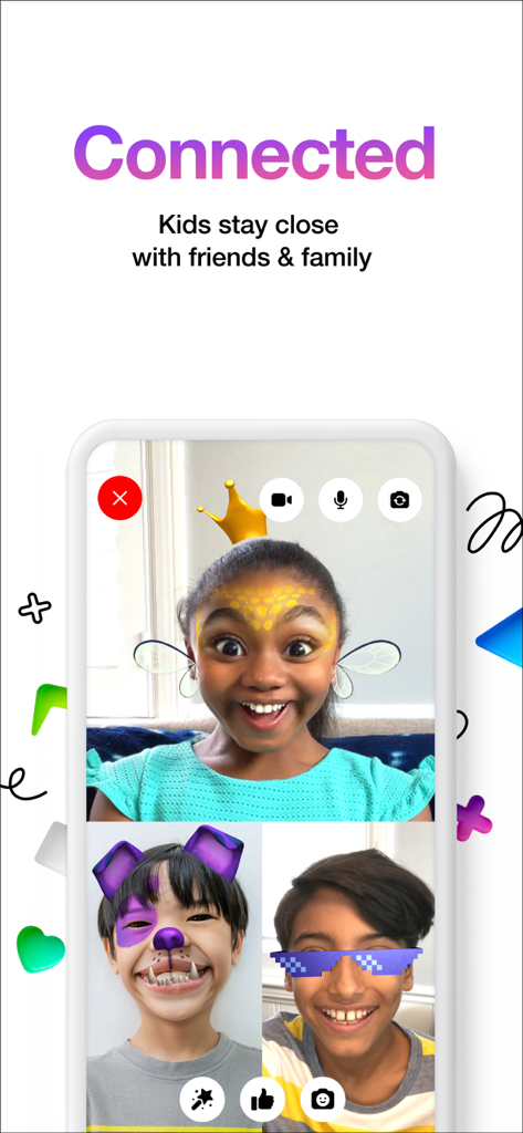 Group video call on Messenger Kids app showing three children using fun AR filters and masks