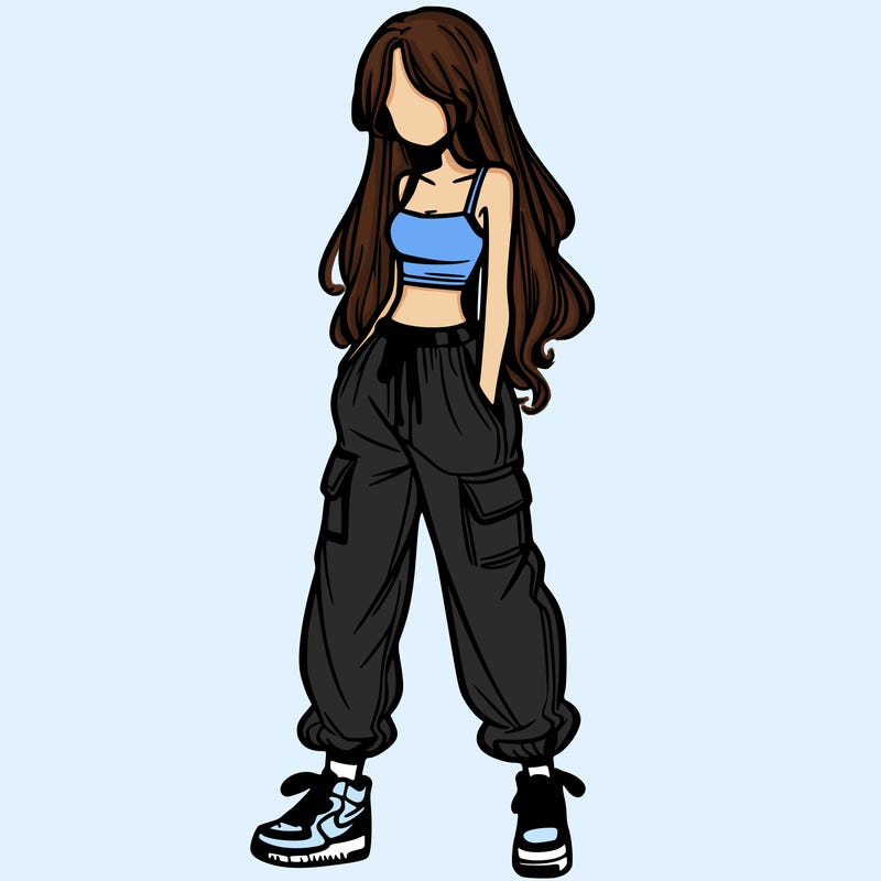 girl in baggy pants crop top and long hair