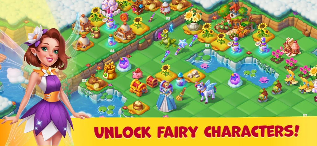Fairyland: Merge & Magic - A colorful game screen from Fairyland Merge and Magic showing a magical island and a fairy character with the text Unlock Fairy Characters.