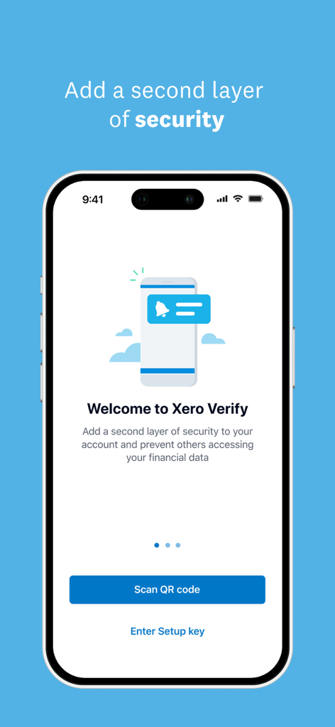 Xero Verify - Pantalla de bienvenida de la aplicación Xero Verify para la configuración de autenticación multifactor