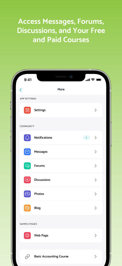 A menu screen of the Real Estate Investor Connect app displaying community tools like messages forums and investment courses