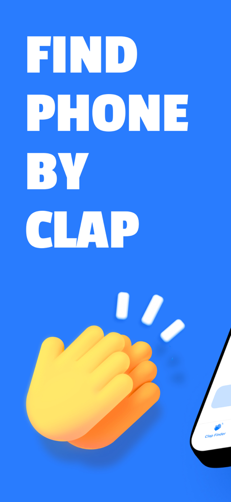 Gráfico que muestra el texto Find Phone By Clap con una ilustración de manos aplaudiendo sobre un fondo azul