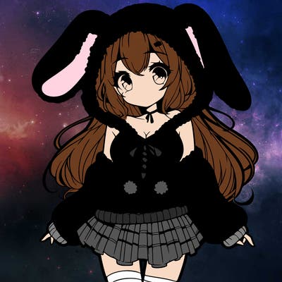 pretty anime girl wearing a fluffy hoodie with bunny ears on the hood and a skirt