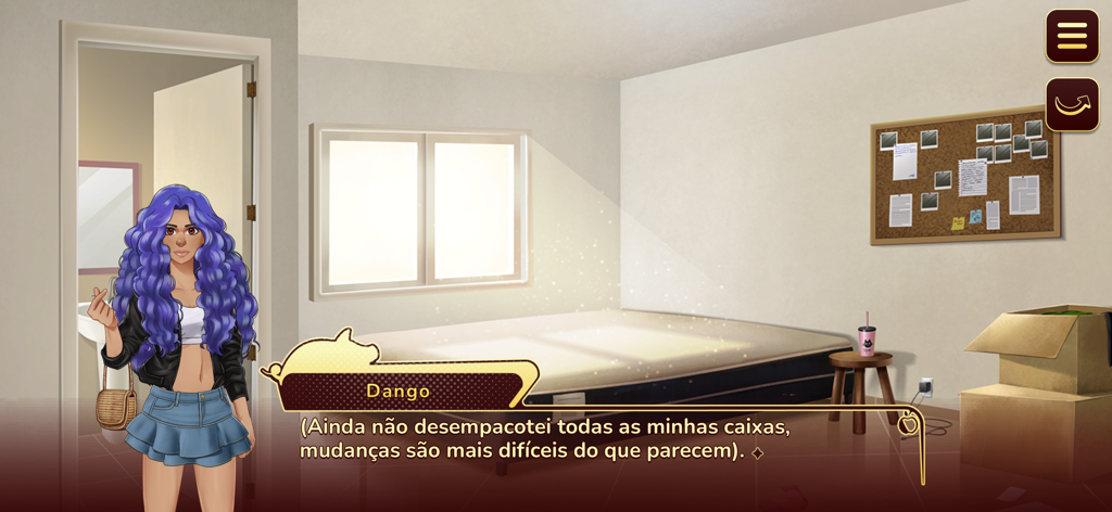 Entre Laços e Amassos - Female character with long purple curly hair standing in a bedroom with moving boxes and a dialogue box from the visual novel Entre Lacos e Amassos.