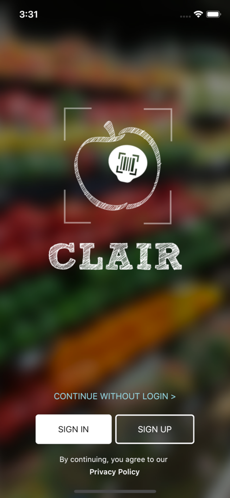 CLAIR + Produce Scanner - Welcome screen for the CLAIR Produce Scanner app featuring an apple barcode logo and login options over a blurred grocery store background