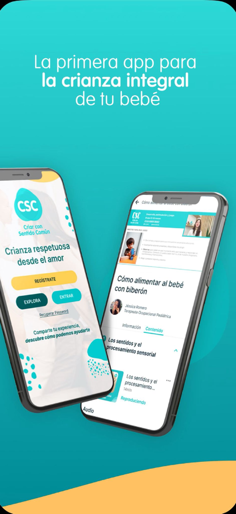 Criar con Sentido Común - Dos pantallas de teléfono móvil que muestran la interfaz de la aplicación Criar con Sentido Comun con cursos de crianza consciente y una pantalla de inicio de sesión