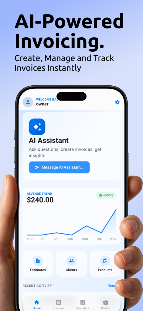 AI Invoice & Estimate Maker - Home screen of the AI Invoice and Estimate Maker app featuring revenue trends and a chat-based AI assistant.