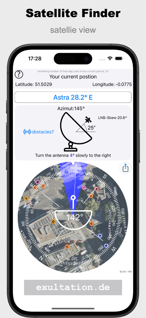 Interfaz de Buscador de Satélites Pro que muestra el acimut, la elevación y la brújula para la configuración de la antena.