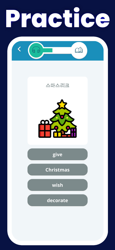 Learn korean language 2025 - Una pantalla de práctica en una aplicación de aprendizaje de idiomas coreanos que presenta un cuestionario de vocabulario con una ilustración de un árbol de Navidad.