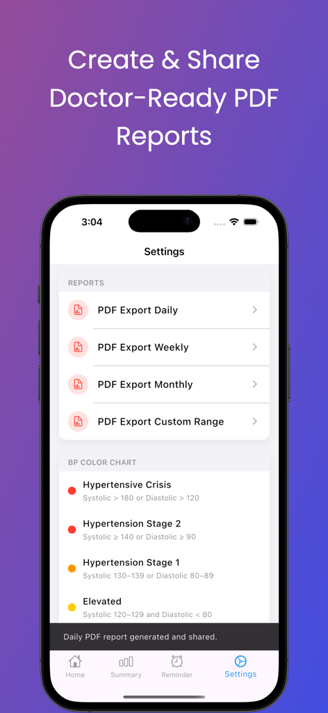 Blood Pressure Log Max - Blood Pressure Log Max app screen for exporting health reports to PDF