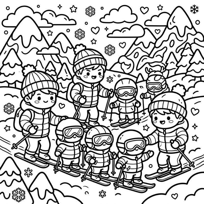 Hit the slopes with these super cute Kawaii Ski Instructors and their little students! This adorable coloring page brings the joy of winter sports to life with charming characters and a playful mountain scene.