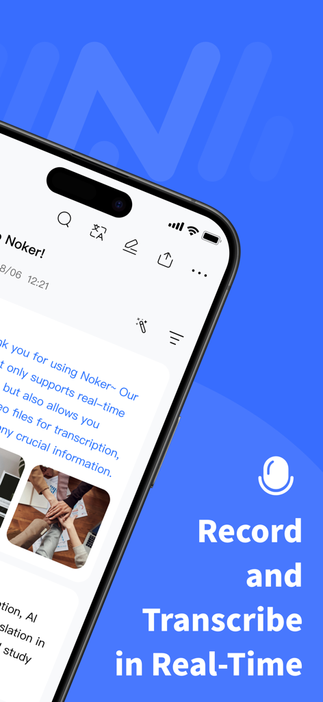 Noker app interface displaying real time voice to text transcription and recording