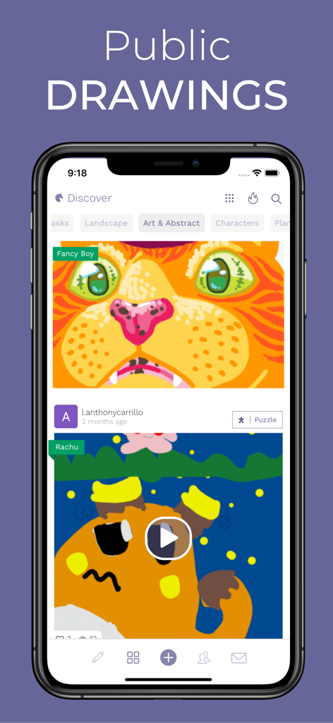 GOGH: Animated Drawings - GOGH app interface showing a public feed of colorful digital drawings and art categories