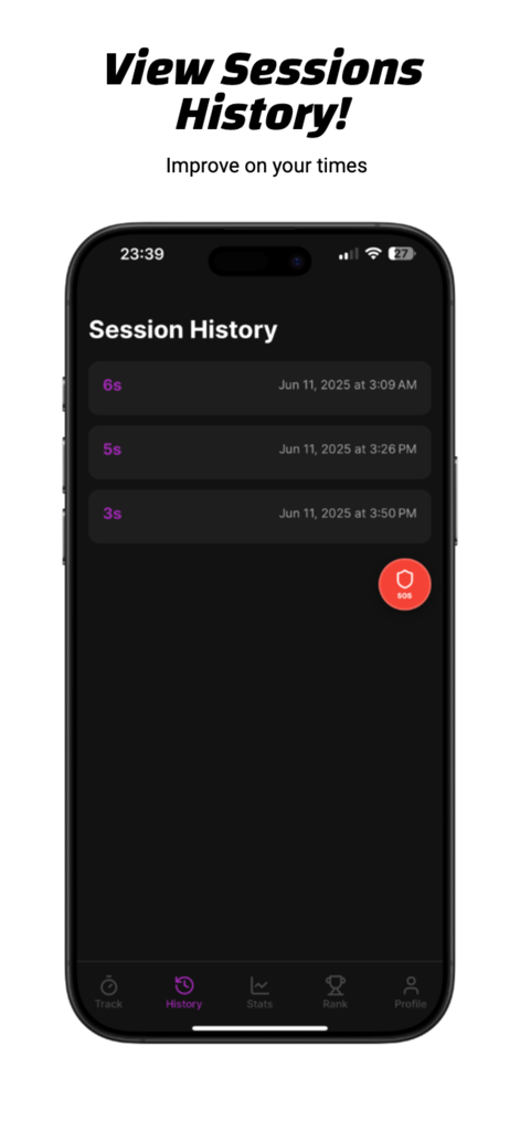 Goon Tracker - Goon Tracker mobile app session history screen showing recorded logs and SOS button