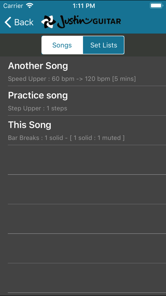 Time Trainer Metronome - A list of practice songs with specific metronome training settings like Speed Upper and Bar Breaks in the Time Trainer app