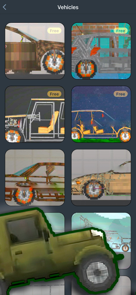 A gallery of various vehicle mods for Melon Sandbox including cars and trucks in pixel art style.