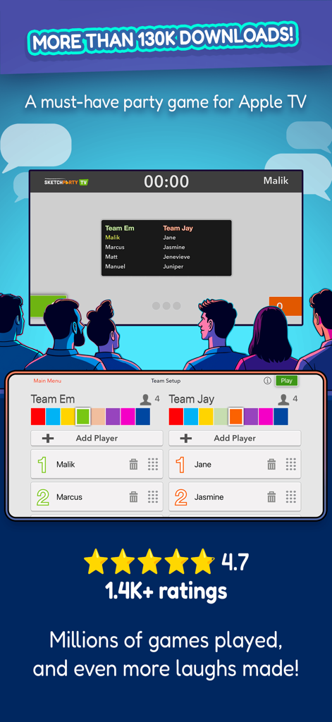 SketchParty TV - A group of friends playing SketchParty TV on an Apple TV using an iPad for team setup and player registration