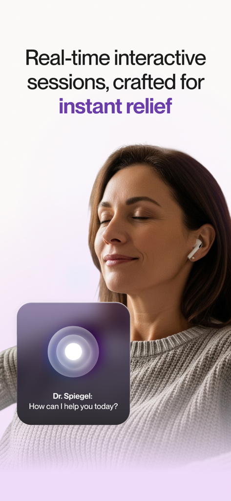 Eine Frau nutzt Reveri für eine interaktive KI-Selbsthypnose-Sitzung zur sofortigen Linderung