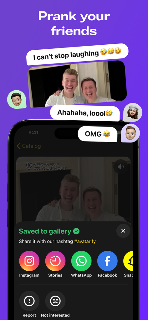 Interface of the Avatarify app showing social media sharing options for a funny animated photo with the title Prank your friends