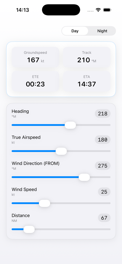 Interface de calculateur de vol d'aviation montrant l'heure d'arrivée estimée et la vitesse sol avec des commandes par curseur