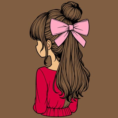 realistic girl  with hip length hair a bun and a big bow on the back of head