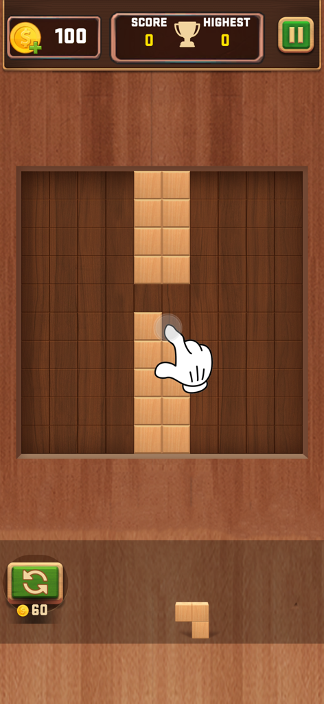 Wood Block Puzzle 3D - Tela de jogabilidade do Quebra-cabeça 3D de Blocos de Madeira mostrando um bloco de madeira sendo colocado em uma grade