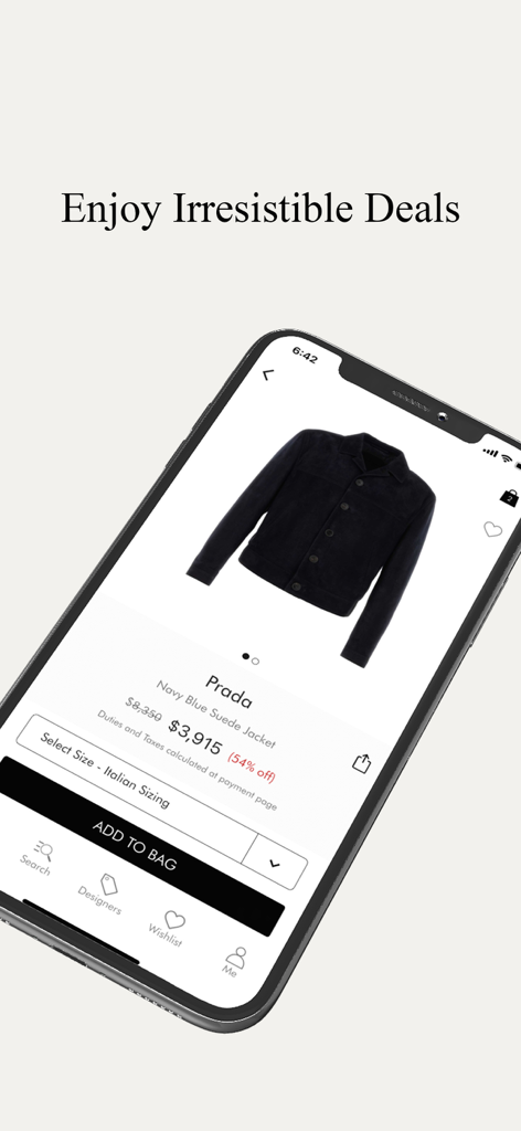 Darveys Luxury Shopping - A smartphone screen displaying a Prada Navy Blue Suede Jacket with a 54 percent discount on the Darveys luxury shopping app.
