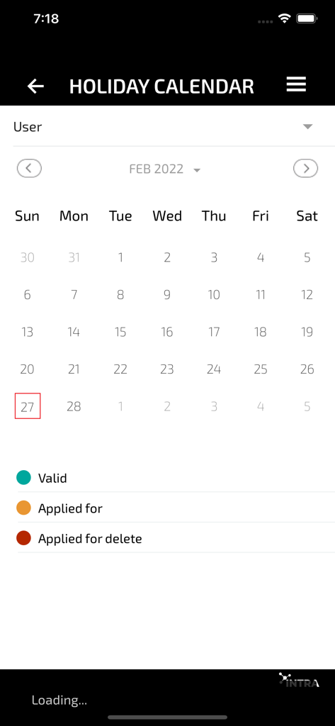 INTRA - Monthly holiday calendar in the INTRA app with status markers for leave requests.