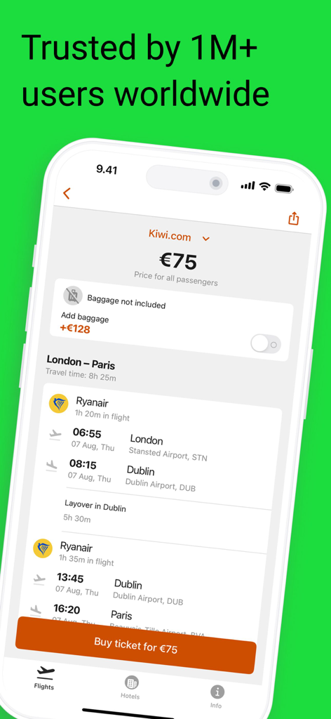 All Airlines:Best flight deals - A flight booking screen showing a low-cost Ryanair itinerary from London to Paris for 75 euros.