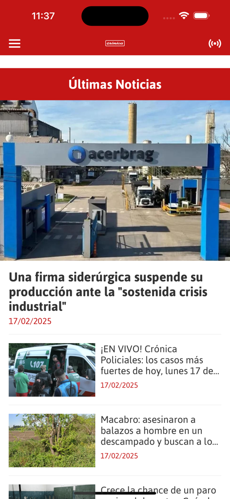 Abschnitt für aktuelle Nachrichten der Diario Crónica App mit argentinischen Schlagzeilen