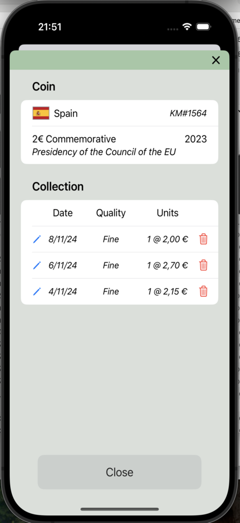 Pantalla de la aplicación móvil que muestra el historial de la colección y el valor de una moneda conmemorativa española