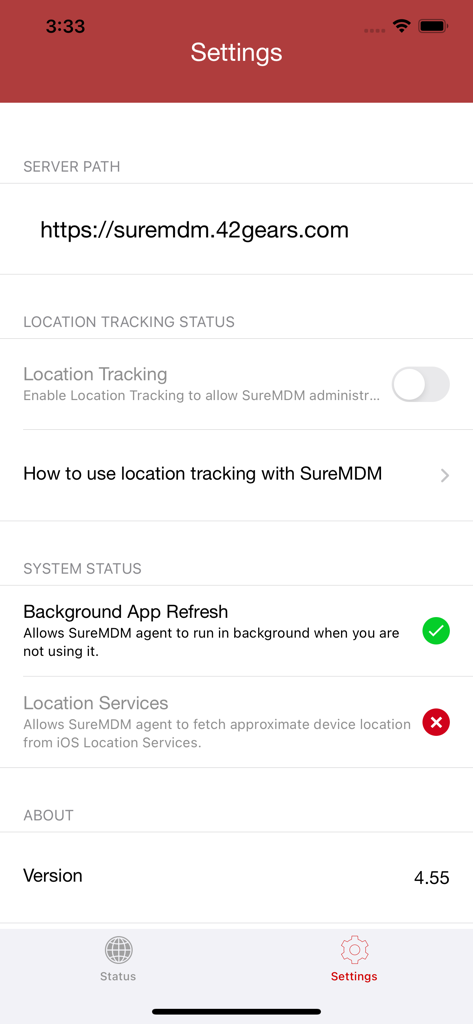 Settings screen of SureMDM Agent app showing server path location tracking and system status