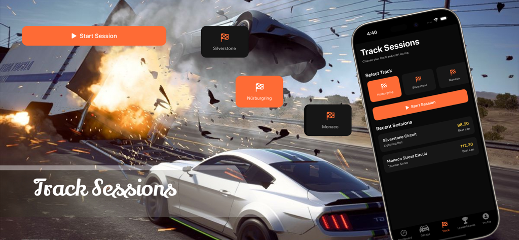 RaceLab Auto Performance Simu - RaceLab app track sessions screen showing circuit selection and recent lap times