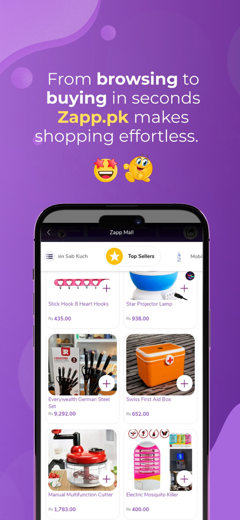 Zapp - Shop Anytime Anywhere - Zapp mobile app screen showing various products for sale in the Zapp Mall section