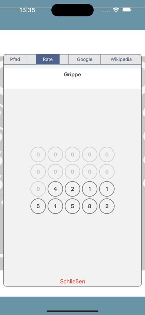 Una pantalla de la aplicación RatesBook que muestra una frecuencia de radiónica específica para Grippe
