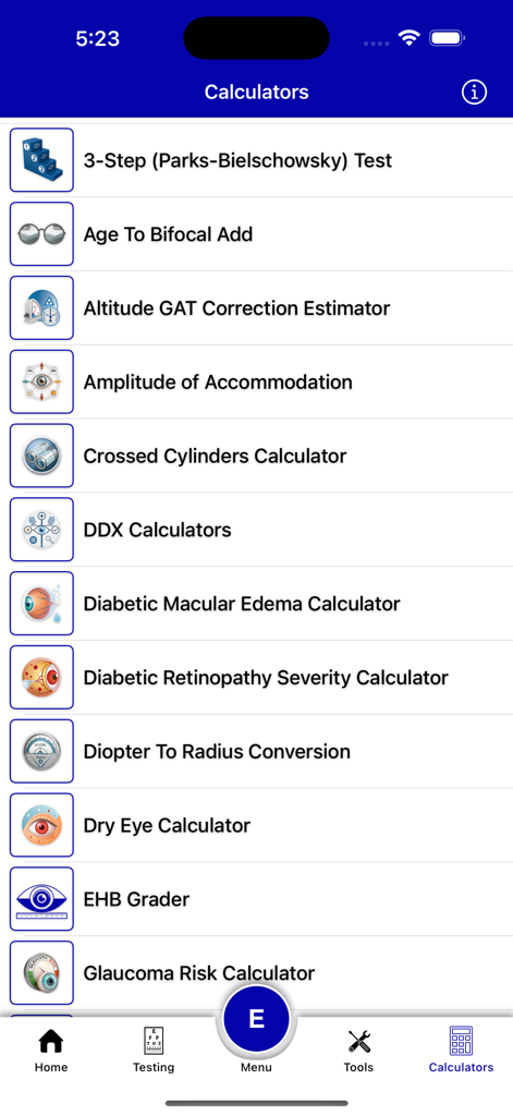 Eye Handbook - Screenshot of the Eye Handbook app showing a comprehensive list of clinical eye care calculators