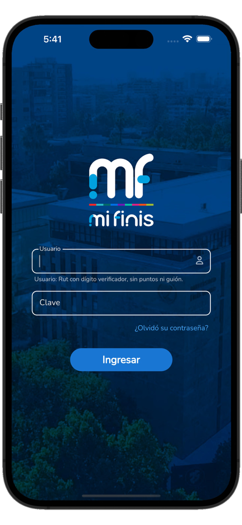 Mi Finis - Login screen of the Mi Finis student portal mobile app