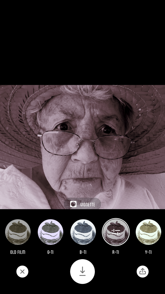 Tiramisu Camera app interface showing a vintage black and white portrait with selectable retro filters