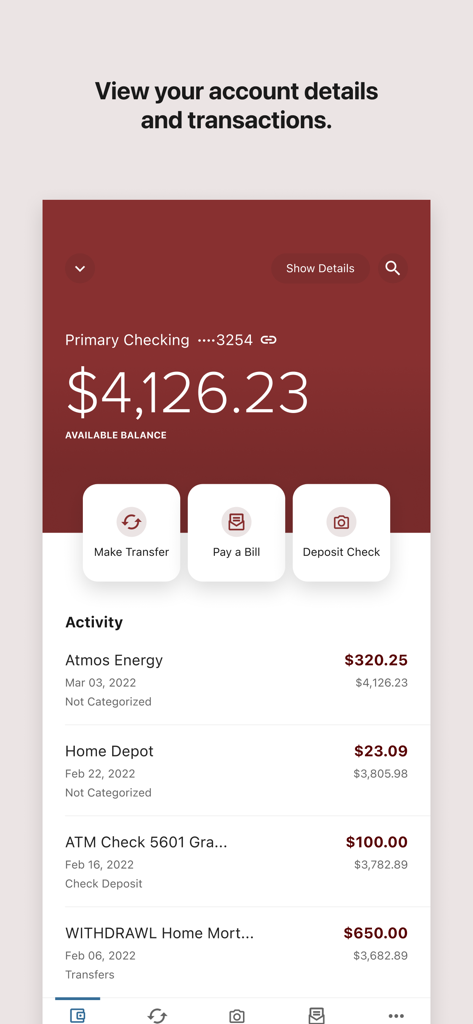 Credit Union ONE mobile app screen displaying a checking account balance and a list of recent transactions
