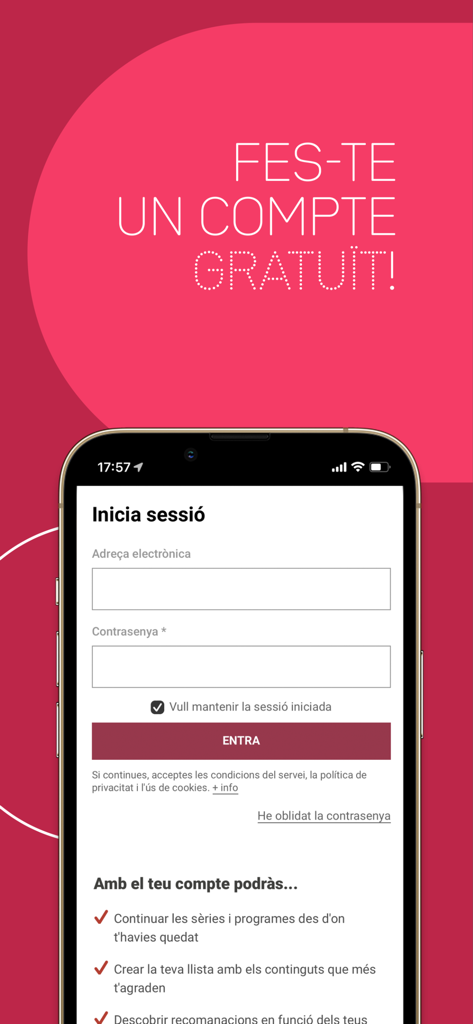 Interfaz de inicio de sesión y registro para la app 3Cat en catalán mostrando una solicitud de registro de cuenta gratuita.