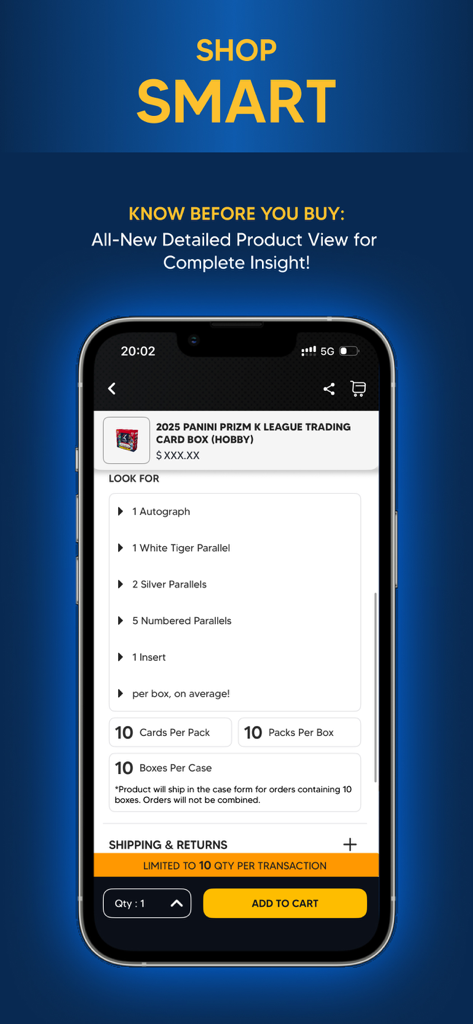 Une vue détaillée du produit d'une liste de boîtes de cartes à collectionner Panini Prizm dans l'application Panini Direct.