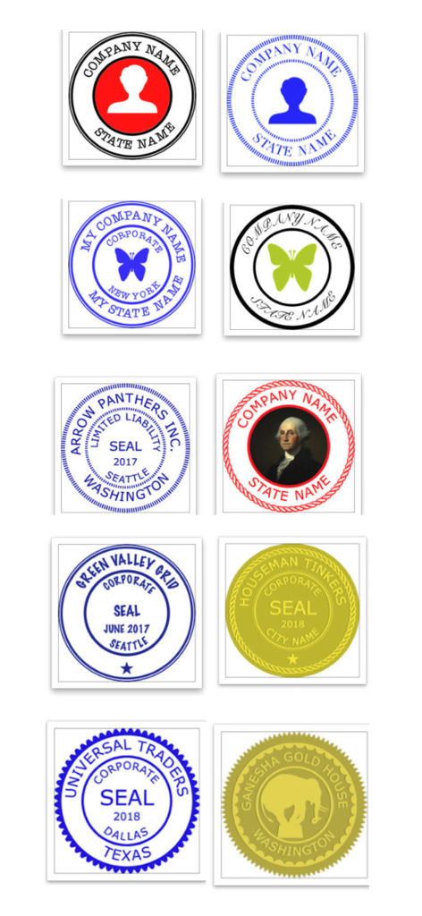 Uma coleção de modelos de carimbos digitais de empresas em diferentes cores e estilos para documentação empresarial