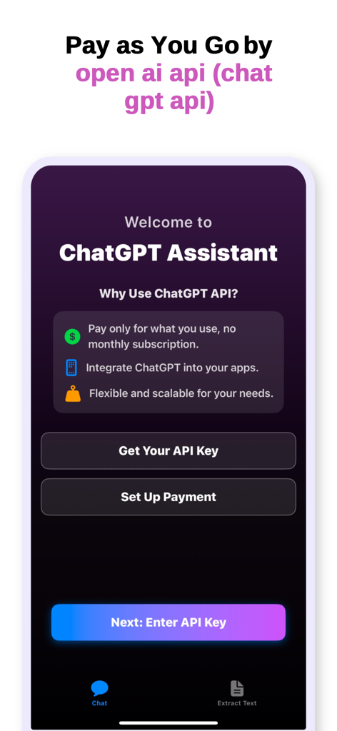 ai chat by api - APIによるAIチャットアプリのウェルカム画面。OpenAI APIキーを使用した従量課金制モデルの利点を強調。