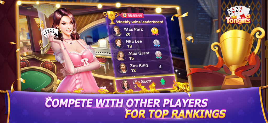 Tongits Deluxe: Fun Card Game - Una tabla de clasificación de victorias semanales en la aplicación Tongits Deluxe que muestra los rankings de jugadores y un trofeo de oro.