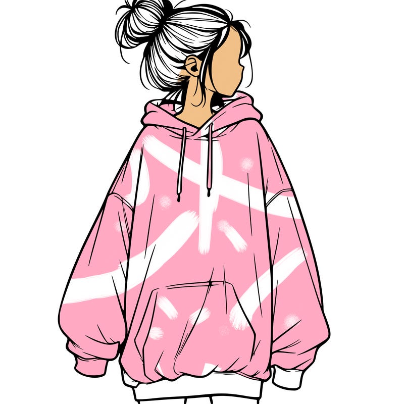 realistic girl with a oversized sweatshirt on and a bun
