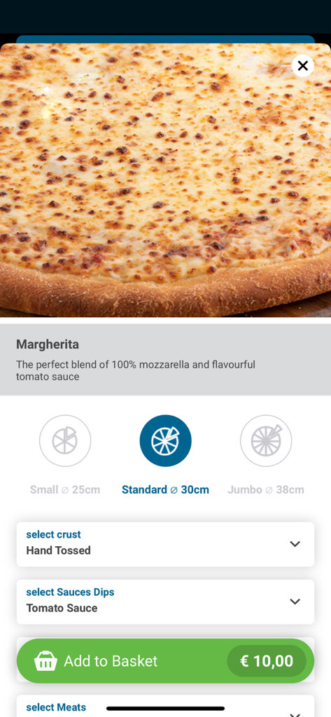 Margherita pizza customization screen on the Dominos Malta app showing size and crust options
