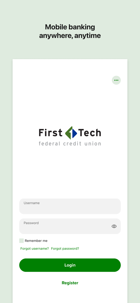 First Tech Federal Credit Union mobile app login screen featuring username and password fields with a green login button.